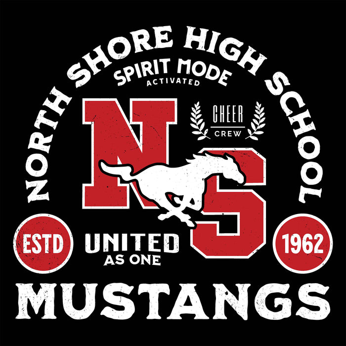 Close-up view of North Shore High School Mustangs Unisex 3/4 Sleeve Raglan T-shirt 208