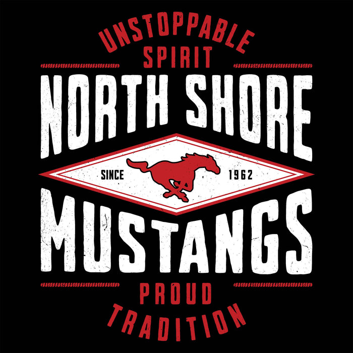 Close-up view of North Shore High School Mustangs Women's Black SoftStyle T-shirt 210