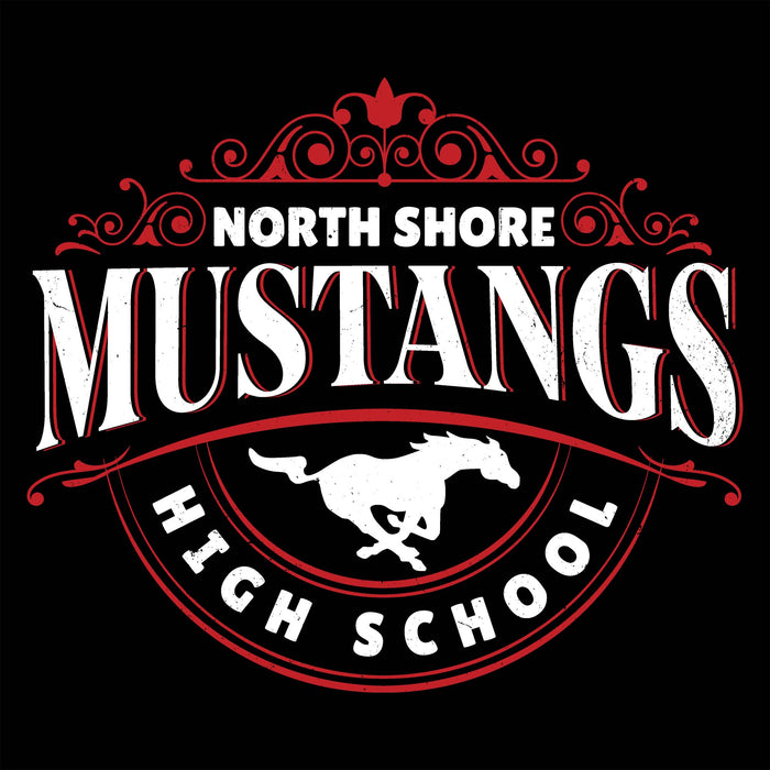Close-up view of North Shore High School Mustangs Unisex 3/4 Sleeve Raglan T-shirt 211