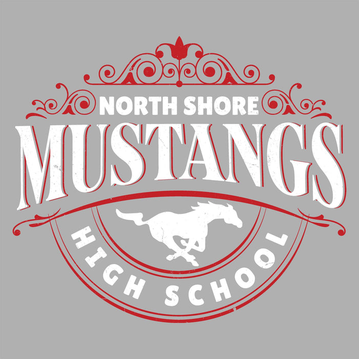 Close-up view of North Shore High School Mustangs Women's Grey SoftStyle T-shirt 211