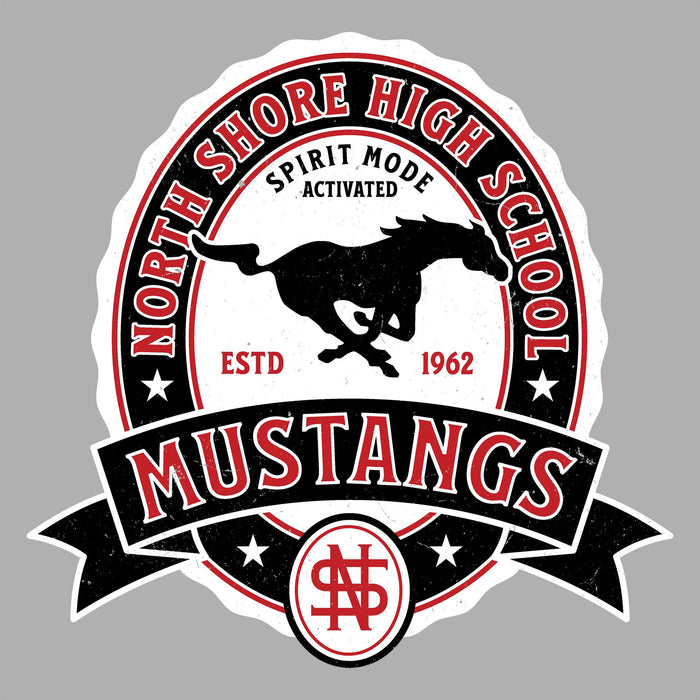 Close-up view of North Shore High School Mustangs Unisex 3/4 Sleeve Raglan T-shirt 212