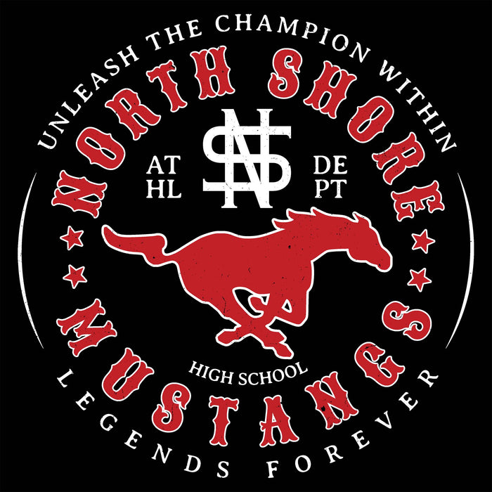 Close-up view of North Shore High School Mustangs Unisex 3/4 Sleeve Raglan T-shirt 214