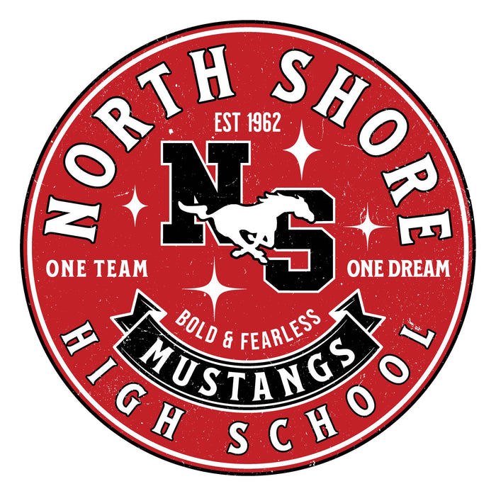 Close-up view of North Shore High School Mustangs Unisex 3/4 Sleeve Raglan T-shirt 215