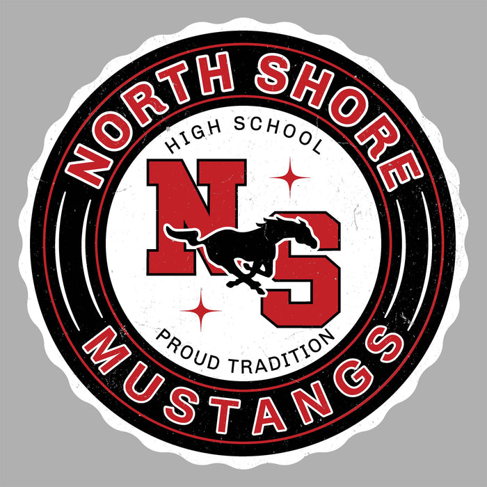Close-up view of North Shore High School Mustangs Unisex 3/4 Sleeve Raglan T-shirt 216