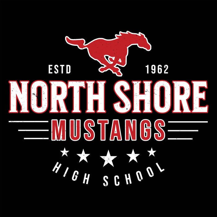 Close-up view of North Shore High School Mustangs Unisex 3/4 Sleeve Raglan T-shirt 217