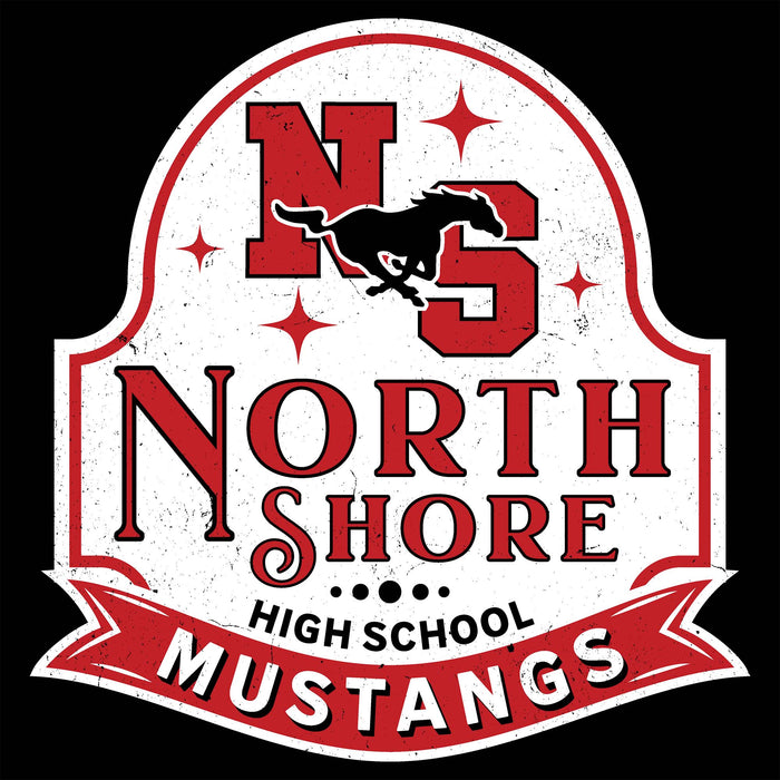 Close-up view of North Shore High School Mustangs Unisex 3/4 Sleeve Raglan T-shirt 219