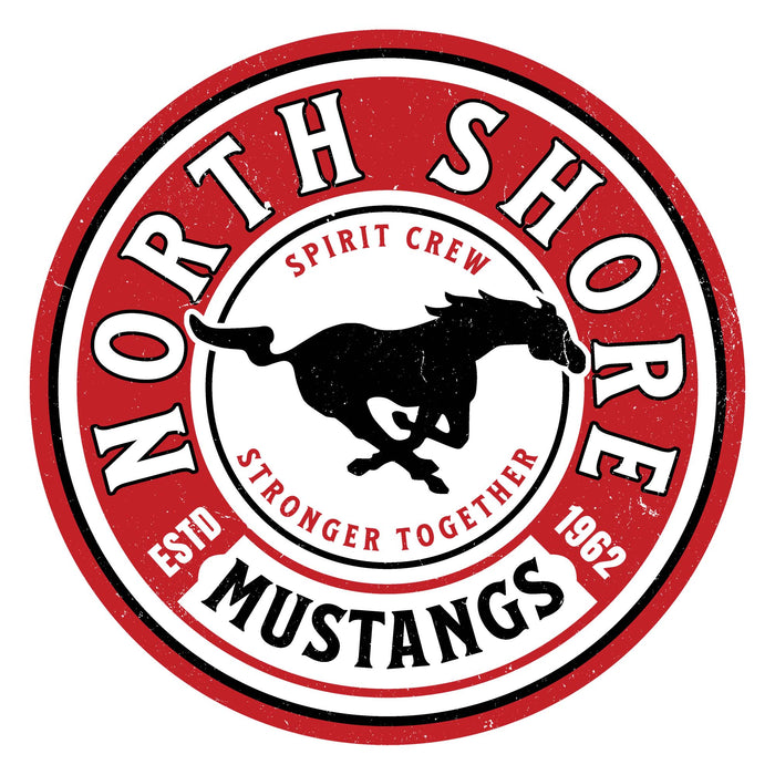 Close-up view of North Shore High School Mustangs Unisex 3/4 Sleeve Raglan T-shirt 220