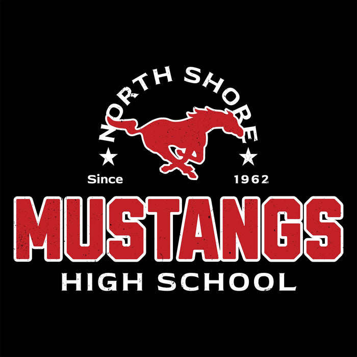 Close-up view of North Shore High School Mustangs Unisex 3/4 Sleeve Raglan T-shirt 222