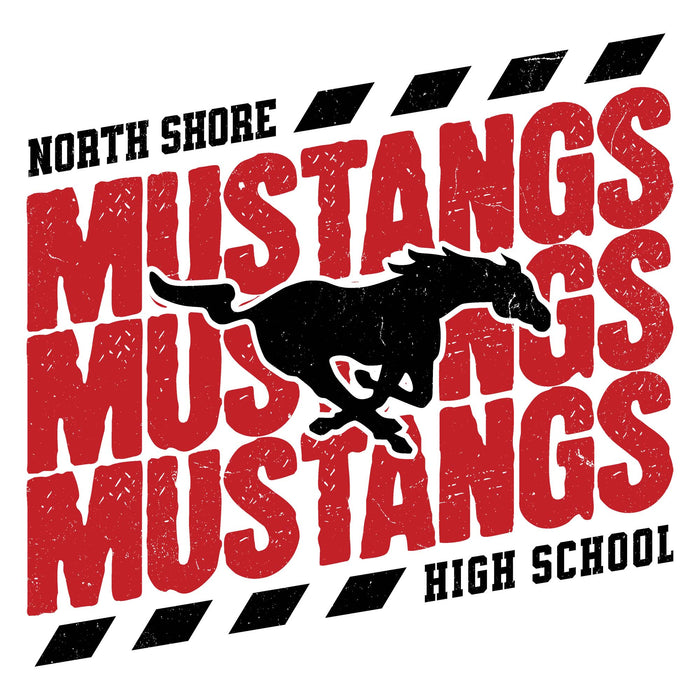 Close-up view of North Shore High School Mustangs Unisex 3/4 Sleeve Raglan T-shirt 223