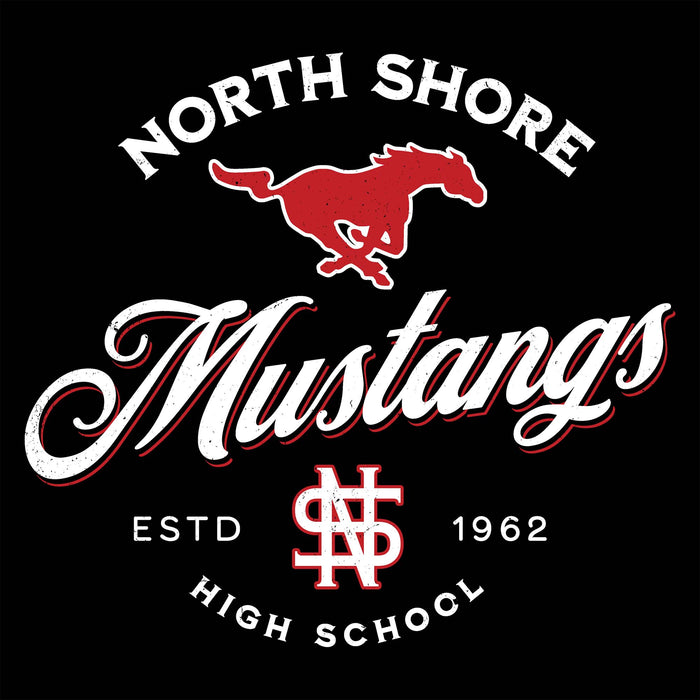 Close-up view of North Shore High School Mustangs Unisex 3/4 Sleeve Raglan T-shirt 226
