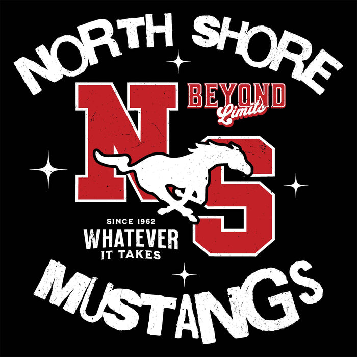 Close-up view of North Shore High School Mustangs Unisex 3/4 Sleeve Raglan T-shirt 228