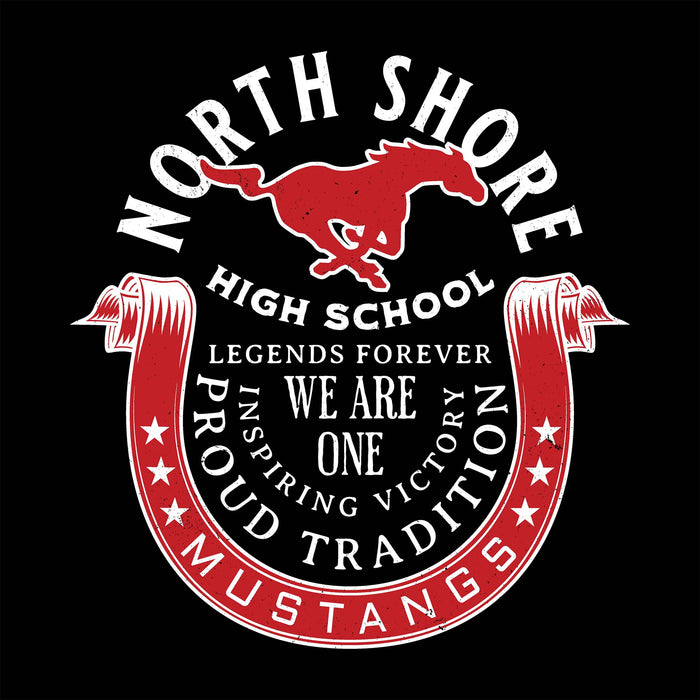 Close-up view of North Shore High School Mustangs Unisex 3/4 Sleeve Raglan T-shirt 229
