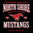 North Shore Mustangs high school logo with red and white text on a black background - Women's t-shirt design 230