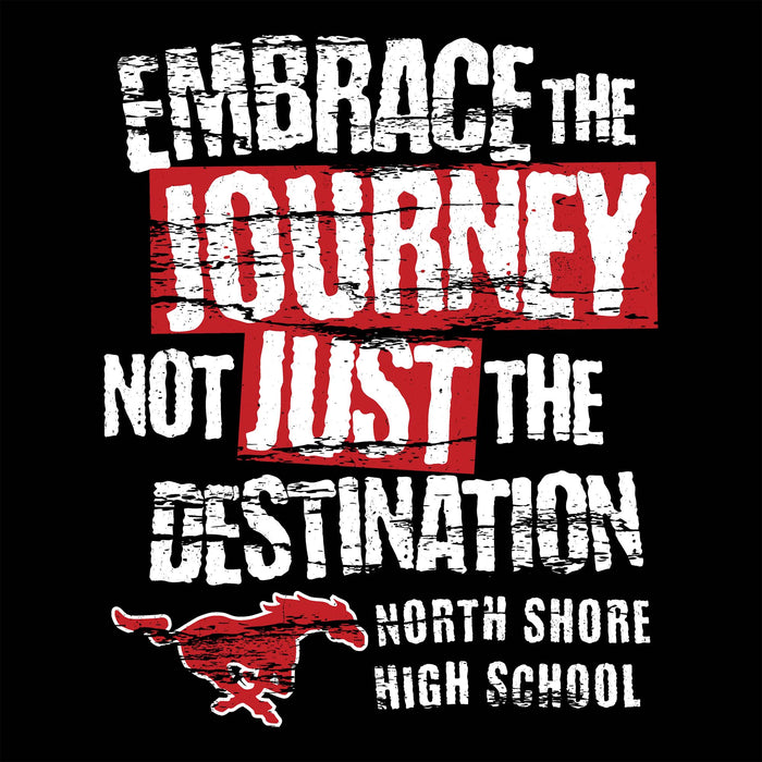 Close-up view of North Shore High School Mustangs Women's Black SoftStyle T-shirt 232