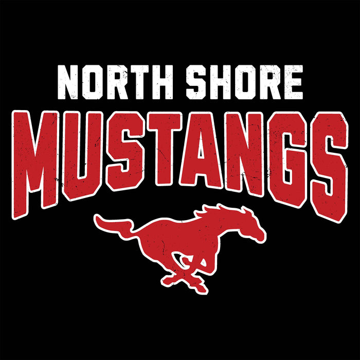 Close-up view of North Shore High School Mustangs Unisex 3/4 Sleeve Raglan T-shirt 234