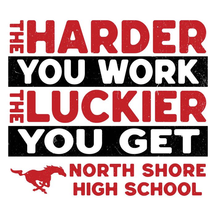 Close-up view of North Shore High School Mustangs Unisex 3/4 Sleeve Raglan T-shirt 238