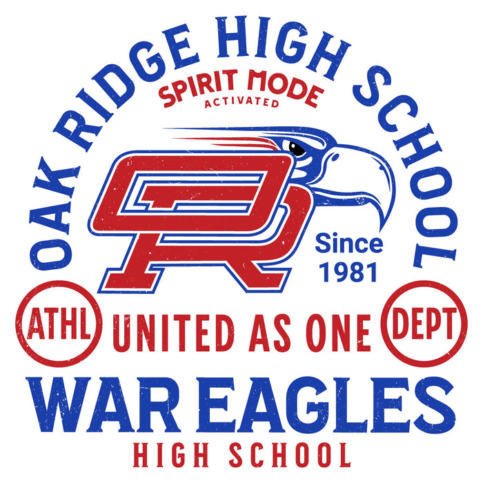 Close-up view of Oak Ridge High School War Eagles Unisex 3/4 sleeve Raglan T-shirt 208