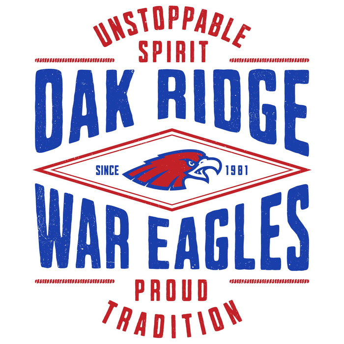 Close-up view of Oak Ridge High School War Eagles Unisex 3/4 sleeve Raglan T-shirt 210