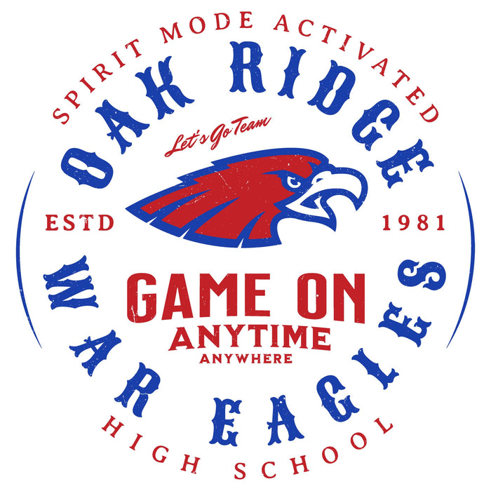 Close-up view of Oak Ridge High School War Eagles Unisex 3/4 sleeve Raglan T-shirt 214