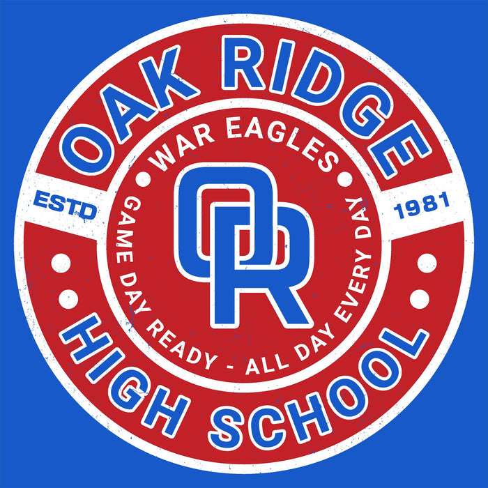 Close-up view of Oak Ridge High School War Eagles Women's Royal Blue SoftStyle T-shirt 239
