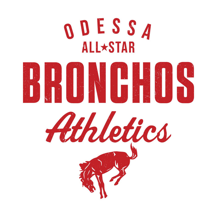 Red text 'Odesa All-Star Bronchos Athletics' with a horse silhouette on a white background - Raglan T-shirt design 034