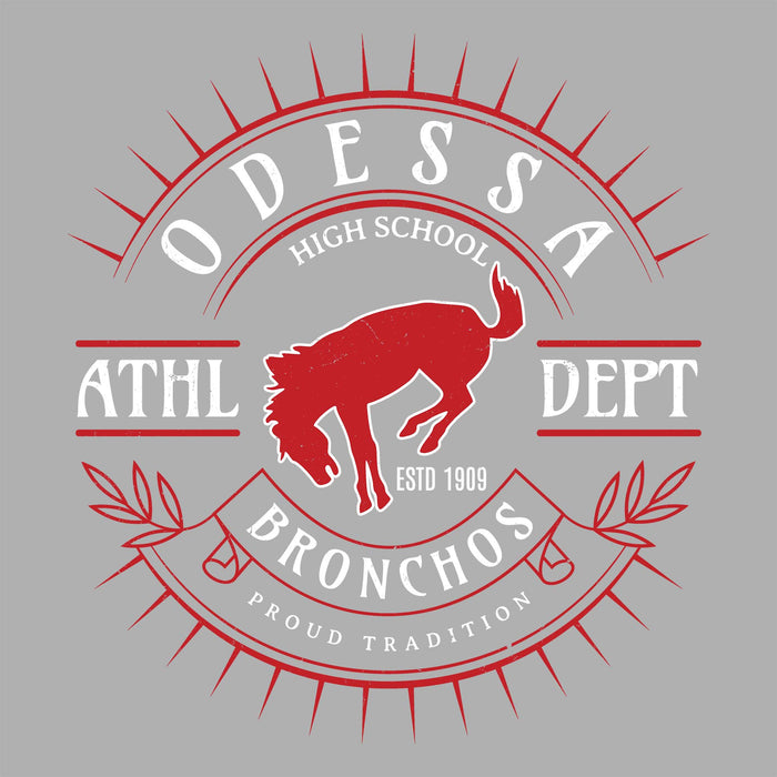 Close-up view of Odessa High School Bronchos Unisex 3/4 sleeve Raglan T-shirt 201