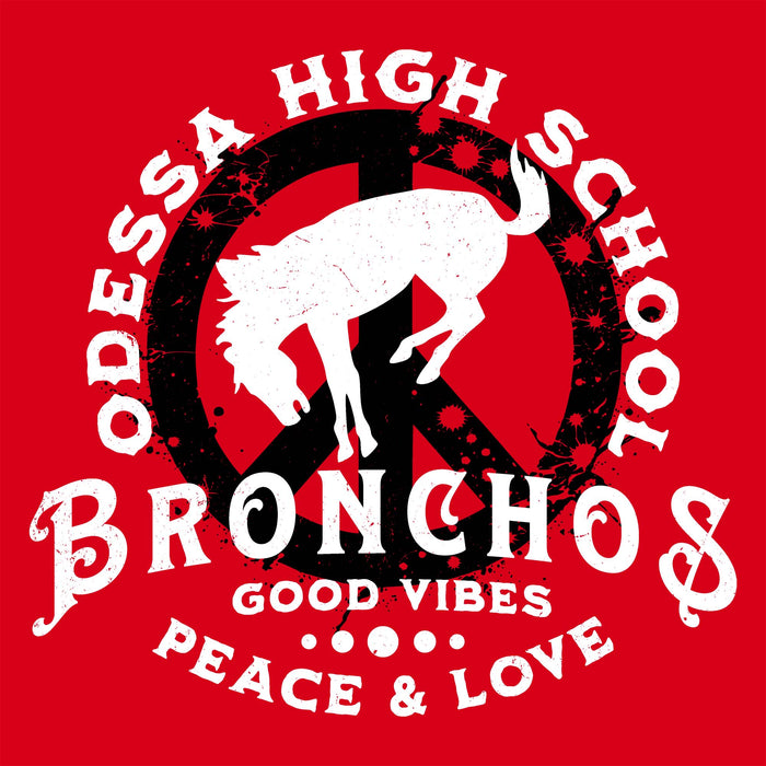 Odessa High School Broncos logo with a horse and peace symbol on a red background - classic t-shirt design 206