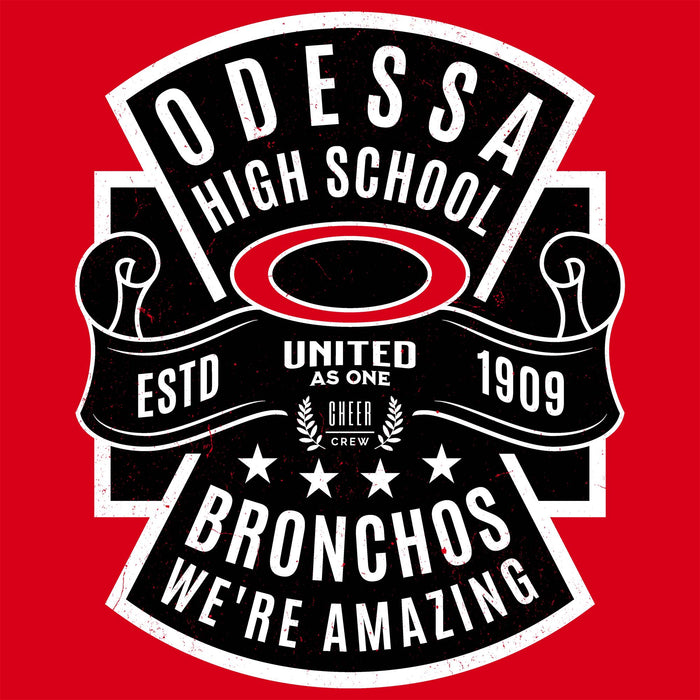 Odessa High School logo with 'United as One, Broncos We're Amazing' text on a red background - classic t-shirt design 207