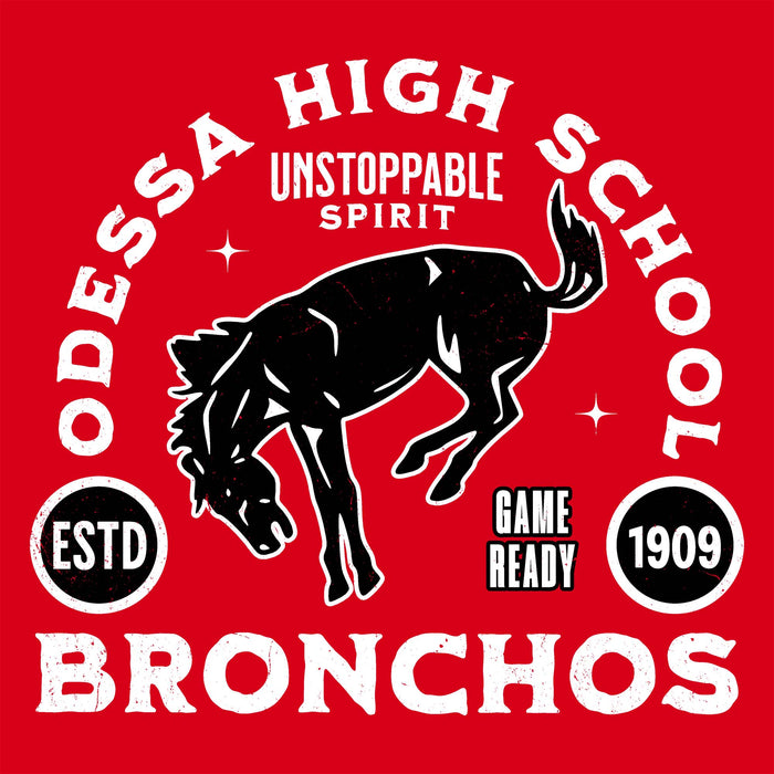 Close-up view of Odessa High School Bronchos Women's Red SoftStyle T-shirt 208