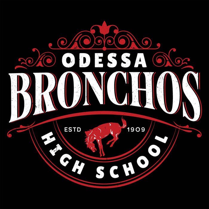 Close-up view of Odessa High School Bronchos Women's Black SoftStyle T-shirt 211