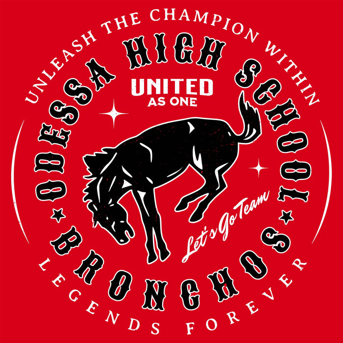 Close-up view of Odessa High School Bronchos Women's Red SoftStyle T-shirt 214