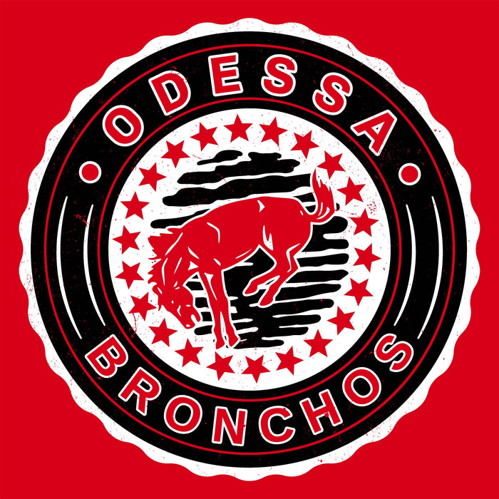 Odessa Bronchos logo with a red horse in the center on a red background -Woman t-shirt design 216