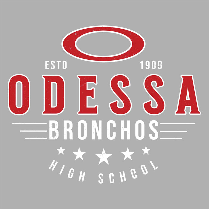Close-up view of Odessa High School Bronchos Unisex 3/4 sleeve Raglan T-shirt 217