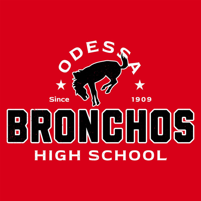 Close-up view of Odessa High School Bronchos Women's Red SoftStyle T-shirt 222