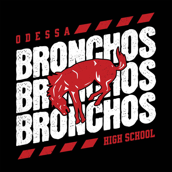 Close-up view of Odessa High School Bronchos Women's Black SoftStyle T-shirt 223