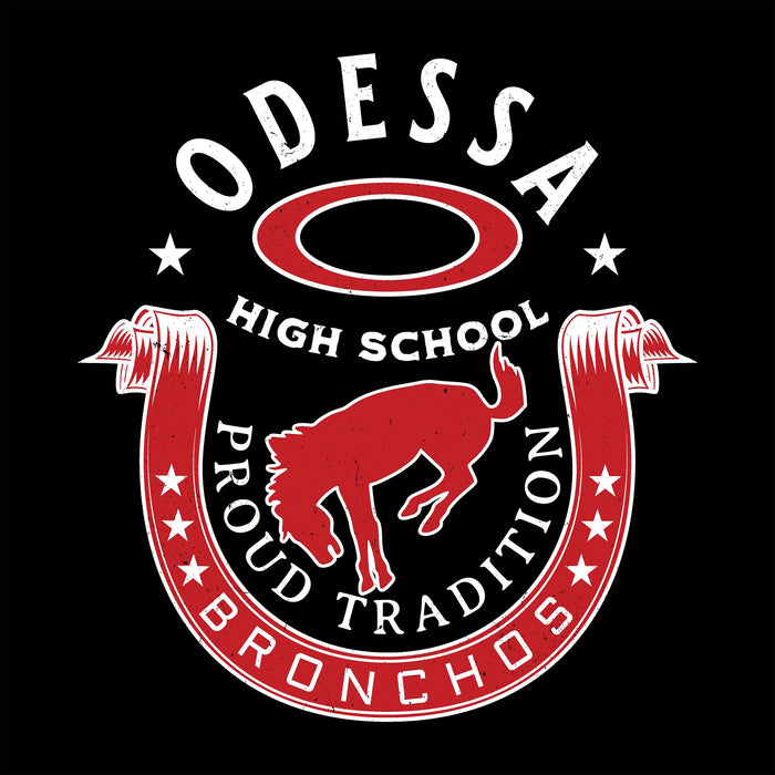 Close-up view of Odessa High School Bronchos Unisex 3/4 sleeve Raglan T-shirt 229