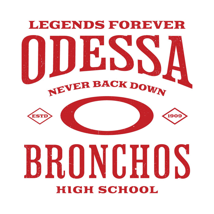 Red text on a white background with 'ODESSA BRONCHOS' and 'Legends Forever, Never Back Down' slogan. - Raglan t-shirt design 230