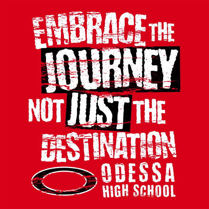 Close-up view of Odessa High School Bronchos Women's Red SoftStyle T-shirt 232