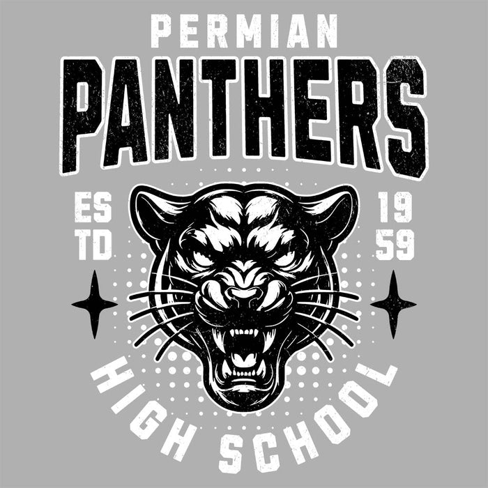 Close-up view of Permian High School Panthers Unisex 3/4 sleeve Raglan T-shirt 204