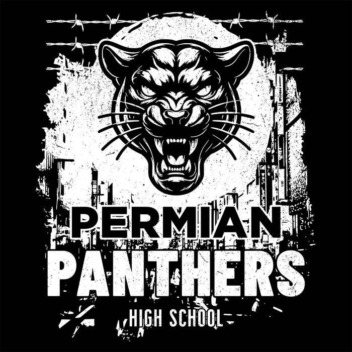 Close-up view of Permian High School Panthers Unisex 3/4 sleeve Raglan T-shirt 205