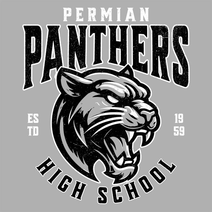 Close-up view of Permian High School Panthers Unisex 3/4 sleeve Raglan T-shirt 213