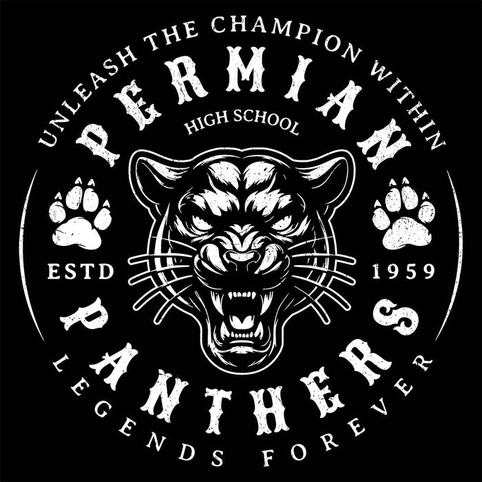 Close-up view of Permian High School Panthers Unisex 3/4 sleeve Raglan T-shirt 214