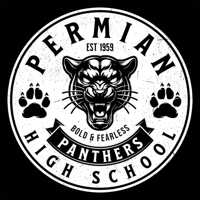 Close-up view of Permian High School Panthers Unisex 3/4 sleeve Raglan T-shirt 215