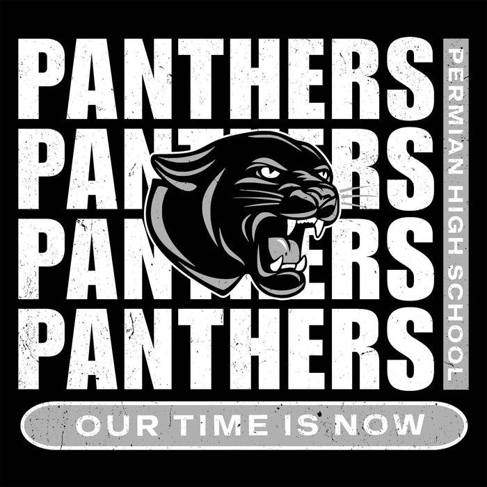 Panthers logo with 'Our Time is Now' text on a black background - Permian Panthers classic t-shirt design 235
