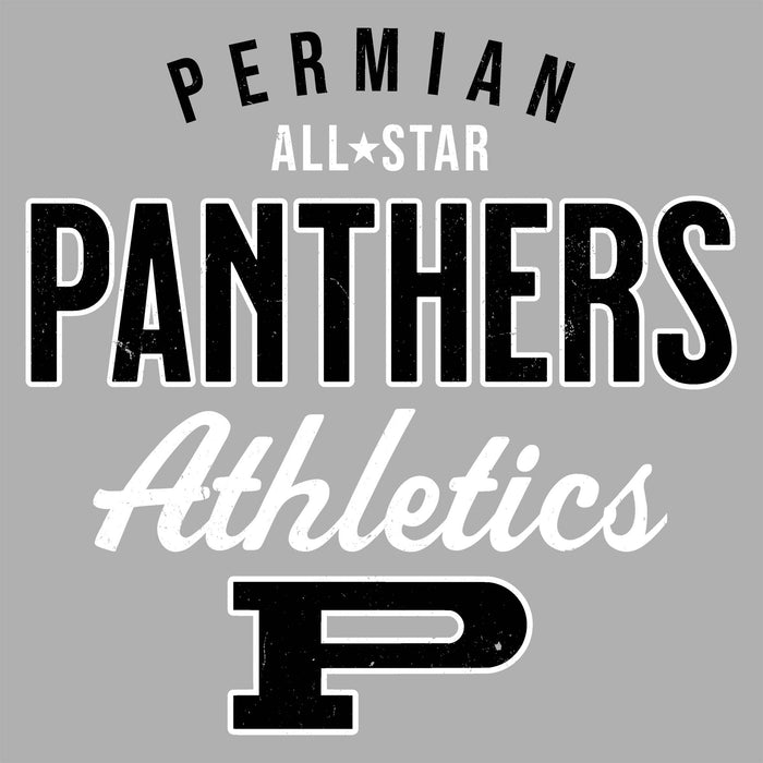Close-up view of Permian High School Panthers Unisex 3/4 sleeve Raglan T-shirt 034