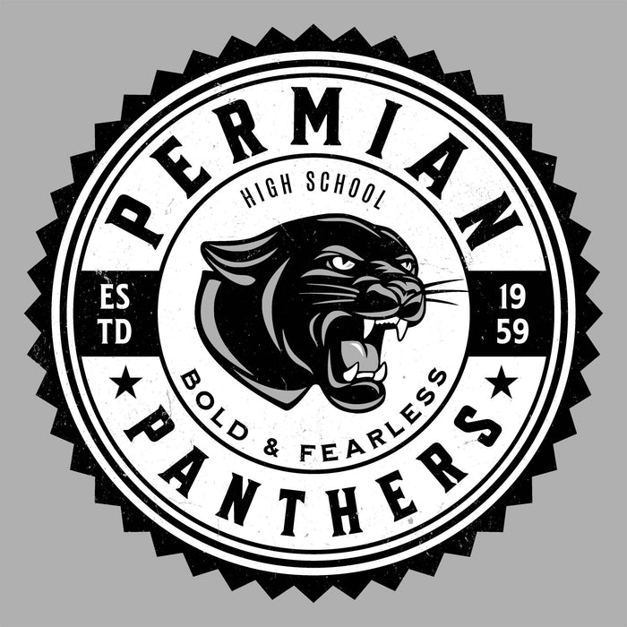 Close-up view of Permian High School Panthers Unisex 3/4 sleeve Raglan T-shirt 203