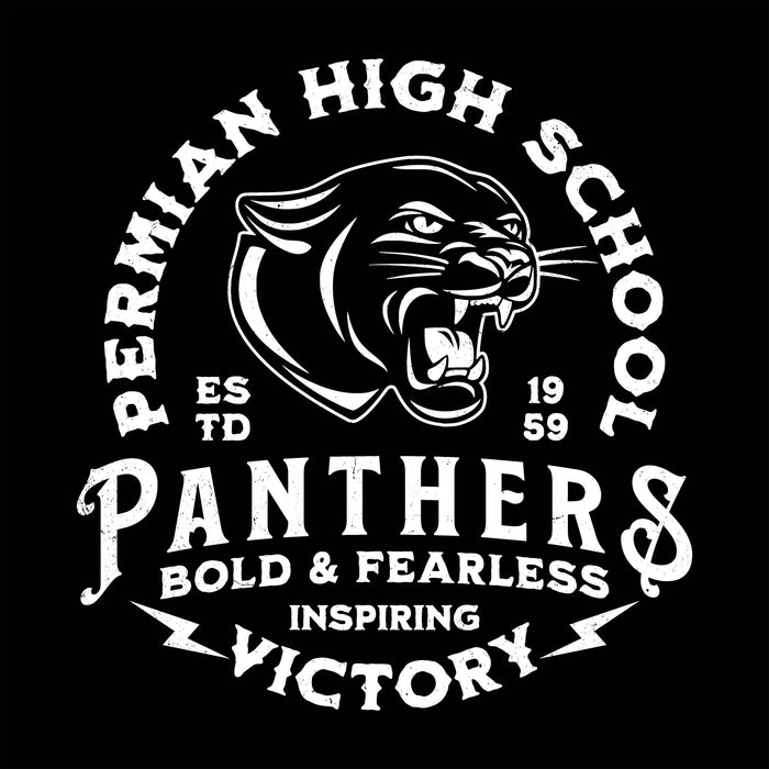Permin High School Panthers logo with panther graphic and text on a black background - raglan t-shirt design 206