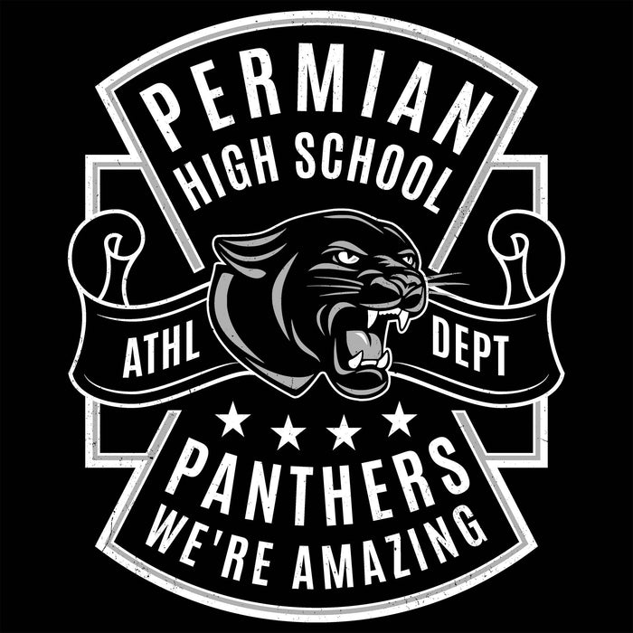 Permian High School Panthers logo with panther head and text on a black background - raglan t-shirt design 207
