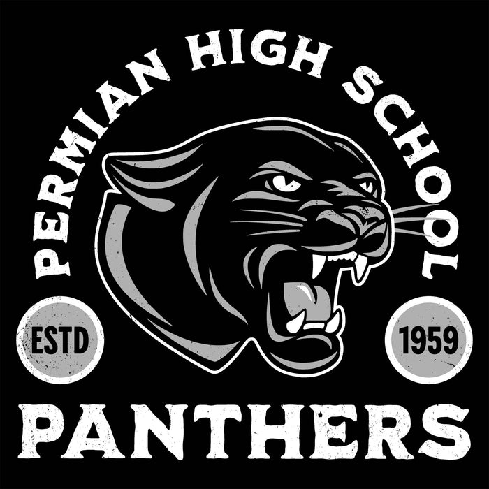 Close-up view of Permian High School Panthers Unisex 3/4 sleeve Raglan T-shirt 208