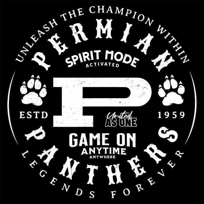 Black t-shirt with white text and graphics featuring 'Permin Panthers' design. classic t-shirt design 214